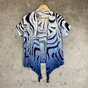 Chico’s Cardigan Womens 0 Blue White Short Sleeve Lightweight Rayon Blend- 2432*